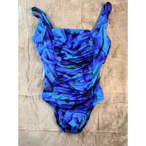 Croft & Barrow Womens Blue Abstract Floral Ruched One Piece Swimsuit Size 14